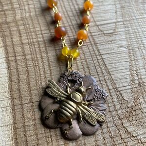 Gold and Brown Nature-Inspired Necklace with Vintage Bee Pendant